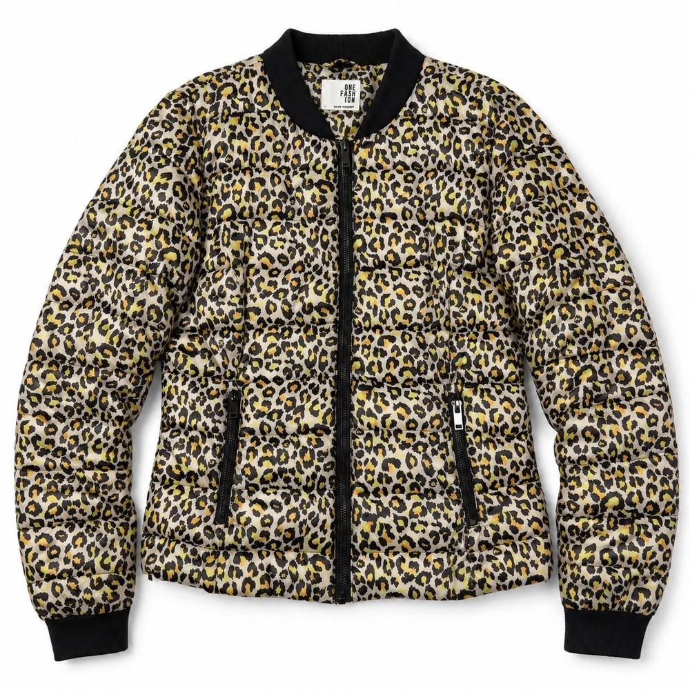 Vero Moda Leopard Puffer Jacket Womens Size Medium Yellow Animal Print Bomber